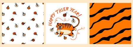 Set of patterns and poster with a cute tiger and the inscription happy tiger year in a cartoon styleのイラスト素材