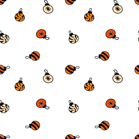 Christmas pattern with Christmas toys, tiger stripes, cartoon-style pattern
