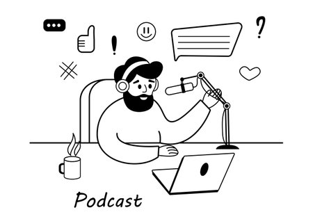 A bearded man leads a live broadcast, podcast, broadcast of a flat vector illustration.のイラスト素材