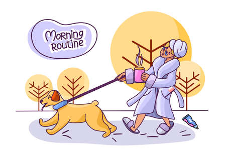 Morning routine, a girl in a bathrobe and with a cup of coffee, a walk with the dogのイラスト素材