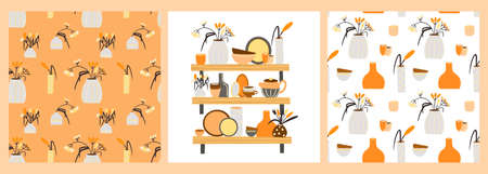 Patterns and a poster with ceramic dishes, bowls and vases with flowers in Boho styleのイラスト素材