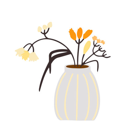 Ceramic grey vase with flowers, home comfort, home decor, cozy home, hand draw style, boho.のイラスト素材