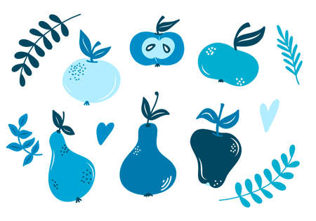 Vector set with abstract apples and pears, twigs of leaves, isolated element, fruits in a flat styleのイラスト素材