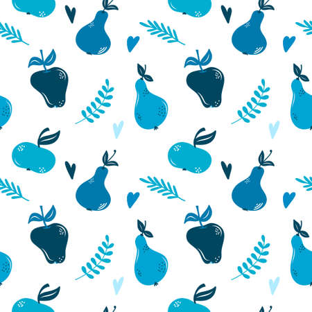 Vector pattern with abstract apples and pears, twigs of leaves, abstract shapes, blue colors.のイラスト素材
