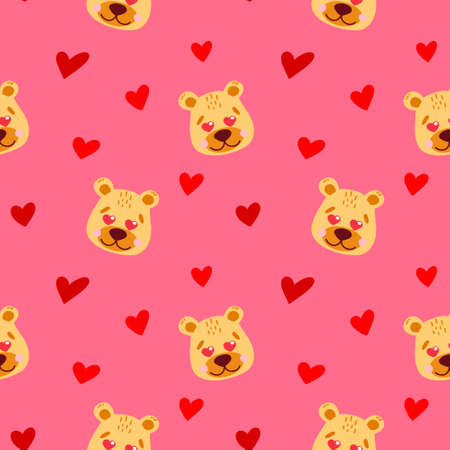 Vector pattern with a cute bear in love, heart eyes, romantic cartoon-style illustration.のイラスト素材