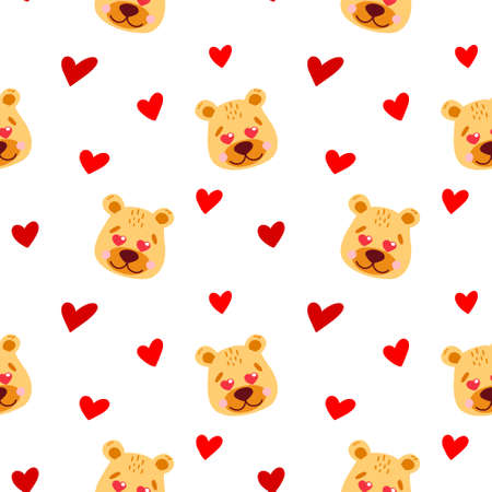 Vector pattern with a cute bear in love, heart eyes, romantic cartoon-style illustration.のイラスト素材