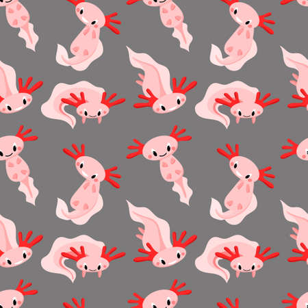 Vector pattern with cute pink axolotl, amphibian, marine animal, cartoon-style patternのイラスト素材