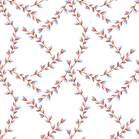 Watercolor seamless pattern with willow twigs, twigs with buds, twigs of dried flowers on a white background.の写真素材