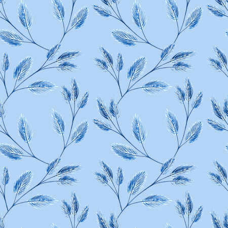 Watercolor seamless pattern with blue fluffy twigs of dried flowers, twigs with buds on a blue...