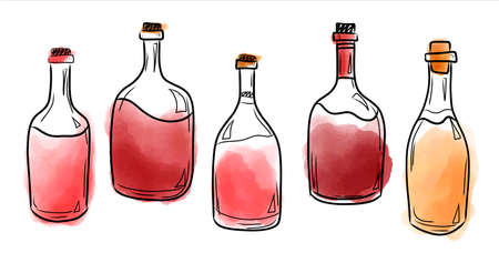 A set of vector illustrations with bottles of red and white wine, watercolor splashes of wine.のイラスト素材