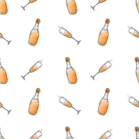 Vector pattern with bottles and a glass of white wine on a white background in Doodle styleの写真素材