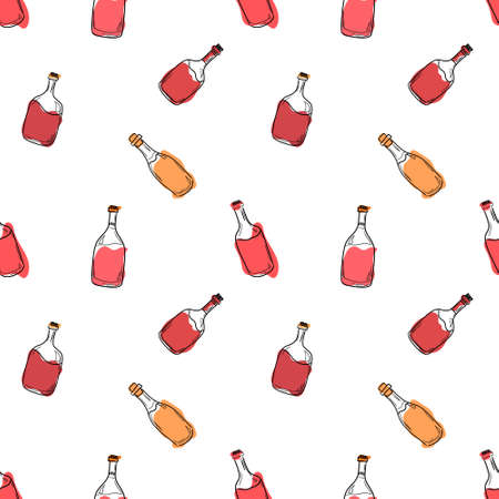 Vector pattern with bottles of red and white wine on a white background in Doodle styleのイラスト素材