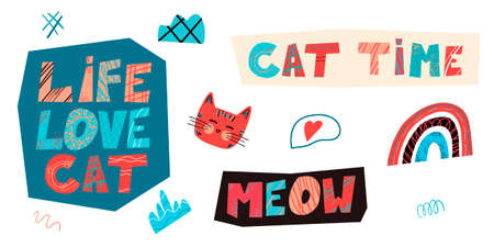 Vector set of stickers with lettering in Scandinavian style. Inscriptions Cat time, Life Love Catのイラスト素材