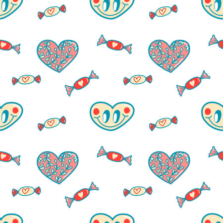 Vector pattern for Valentines Day, heart with a smile, candy, Love in the style of the 80sのイラスト素材