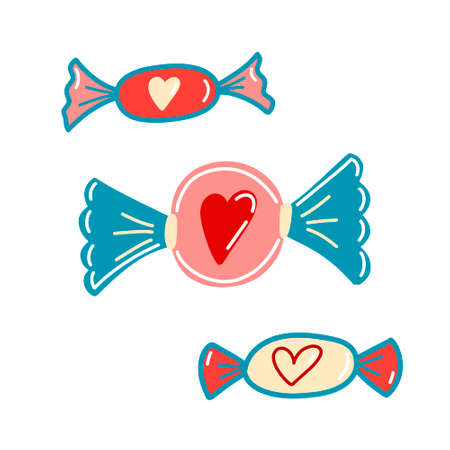 Vector set, candy caramels with a heart in doodle style, 80s style, Valentines dayのイラスト素材