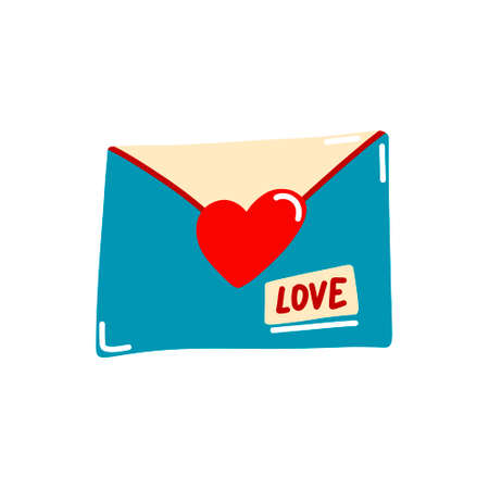 Vector illustration, love letter in an envelope with a heart in doodle style, 80s style, Valentines dayのイラスト素材