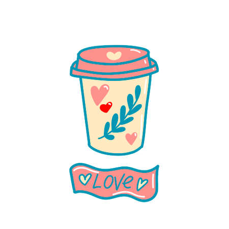 Vector print, a cup of coffee with hearts and the inscription Love in doodle style, Valentines dayのイラスト素材