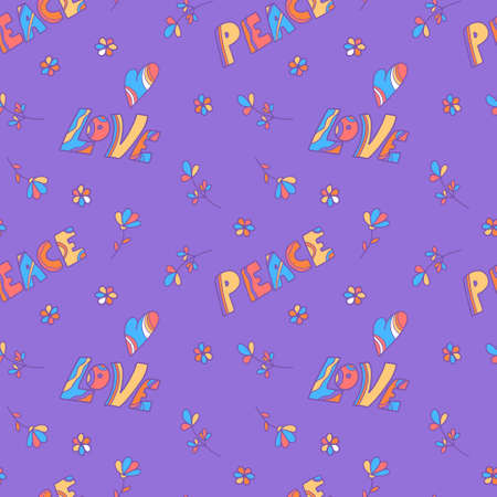 Vector pattern with the inscription Peace and Love in hippie style, hippie flowersのイラスト素材