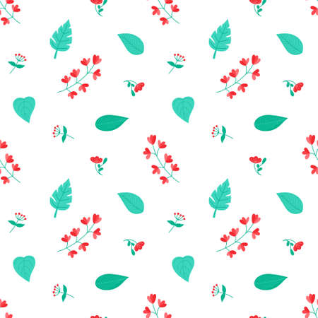 Vector pattern with light green cute leaves and flowers on a white backgroundのイラスト素材