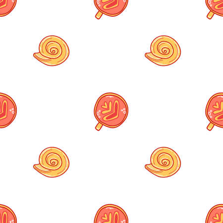 Vector rectangular pattern with croissants, cupcake and a cup of coffee in doodle style.のイラスト素材