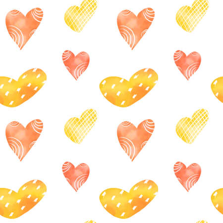 Seamless pattern with cute yellow hearts on a white backgroundの写真素材