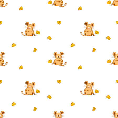 Vector pattern with cute mice and pieces of cheese, cartoon-style character, cute animalsのイラスト素材
