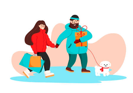 A nice couple of a man and a woman with shopping and gifts, shoppingのイラスト素材