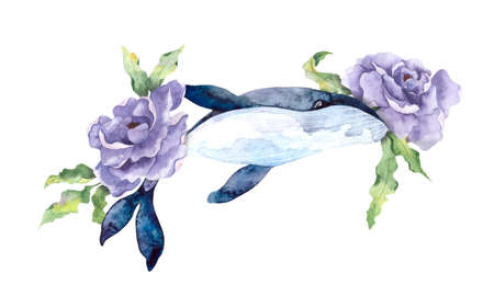 Watercolor illustration with a large blue whale and lilac flowers and leaves, peonies, whale mammalの写真素材