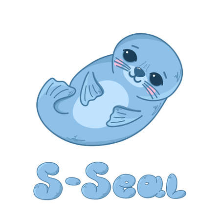 Vector illustration with a cute sea seal, the inscription Seals, sea funny animals in cartoon styleのイラスト素材