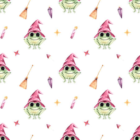 Seamless watercolor pattern with Halloween elements, a frog in a witchs hat, a magic amuletの写真素材