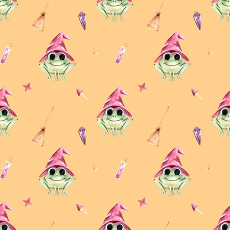 Seamless watercolor pattern with Halloween elements, a frog in a witchs hat, a magic amuletの写真素材