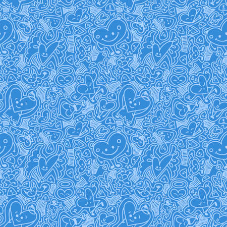 Vector pattern in doodle style with cute funny hearts on a blue background, love.のイラスト素材