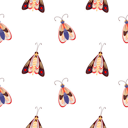 Seamless pattern with cute little moths, butterflies and insects, natural pattern on a white backgroundの写真素材