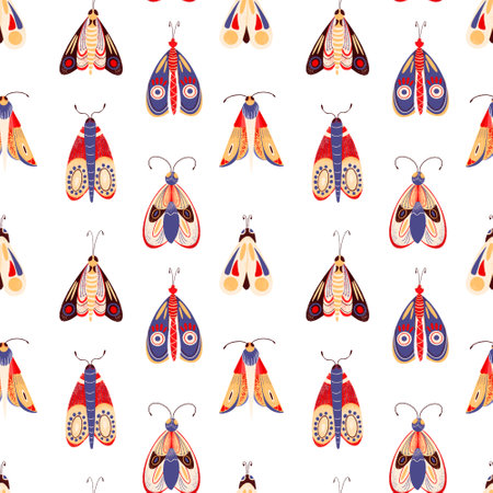 Seamless pattern with cute little moths, butterflies and insects, natural pattern on a white backgroundの写真素材