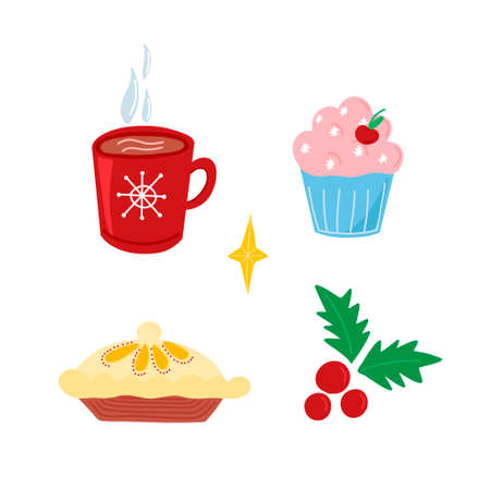 Vector set of elements with a cup of cocoa, cake, holiday cake and mistletoe in cartoon style.のイラスト素材
