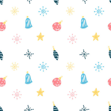 Vector pattern with Christmas tree toys and snowflakes, Christmas in cartoon style
