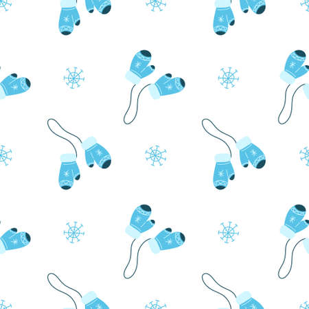 Vector pattern with blue knitted mittens and snowflakes, Christmas in cartoon styleのイラスト素材