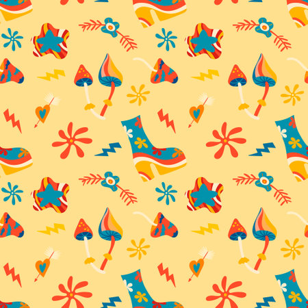 Vector seamless patterns, groovy hippie backgrounds, Retro 70s psychedelic. Bright funky print.