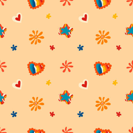 Psychedelic seamless patterns in retro 70s style, groovy hippie backgroundsのイラスト素材