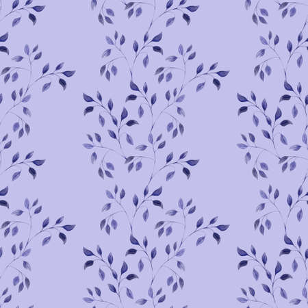 Watercolor seamless pattern with blue twigs of leaves, small leaves on a blue background.の写真素材