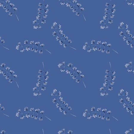 Watercolor seamless pattern with blue twigs of leaves, small leaves on a blue background.