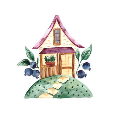 Watercolor illustration of a summer sunny house in a clearing with berries and blueberry twigsの写真素材