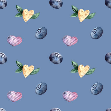 Watercolor pattern with blueberries and hearts on a blue background.の写真素材