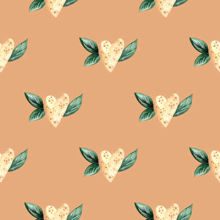 Watercolor pattern with beige hearts and twigs of leaves on a beige background.の写真素材