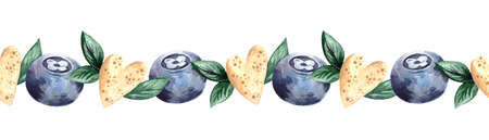 Watercolor seamless border with blueberries and beige hearts and leaves on a white background
