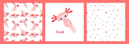 A set of patterns and posters with cute cartoon axolotls, aquatic animals, amphibians.のイラスト素材