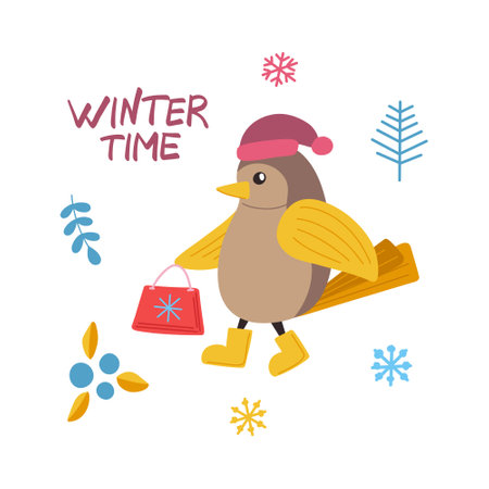 Vector Illustration with a cute Christmas bird in winter accessories, hat, scarf, boots.のイラスト素材