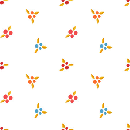 Vector pattern with blue and pink twigs and berries, geometric abstract flowers
