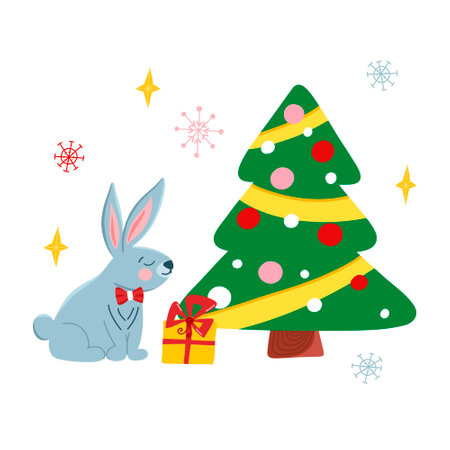 Vector poster with cute Christmas gray rabbit and squirrel in cartoon style, symbol of the yearのイラスト素材