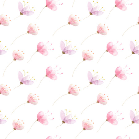 Watercolor pattern with delicate pink flowers, twigs with leaves, botanical illustration on a white backgroundの写真素材